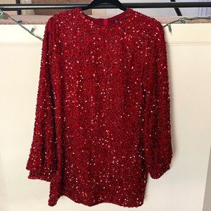 Boohoo Red Sequin Blouson Sleeve Shift Party Dress- Size 10